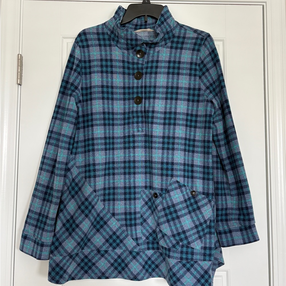 Soft Surroundings Blue Plaid Button-Up Tunic Top